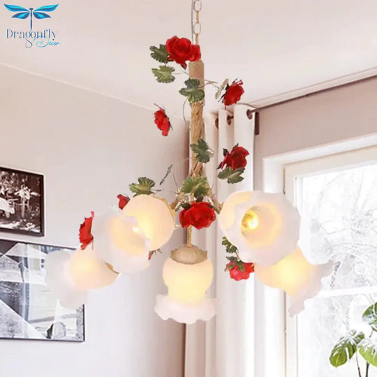 Cream Glass Coffee Drop Lamp Blossom 3/5 Bulbs Pastoral Pendant Chandelier For Dining Room