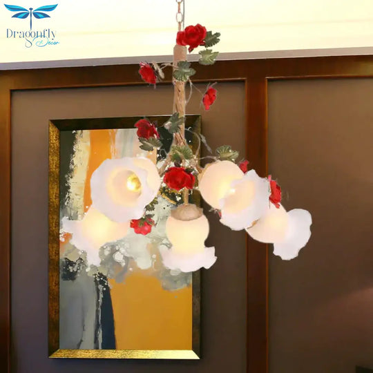 Cream Glass Coffee Drop Lamp Blossom 3/5 Bulbs Pastoral Pendant Chandelier For Dining Room