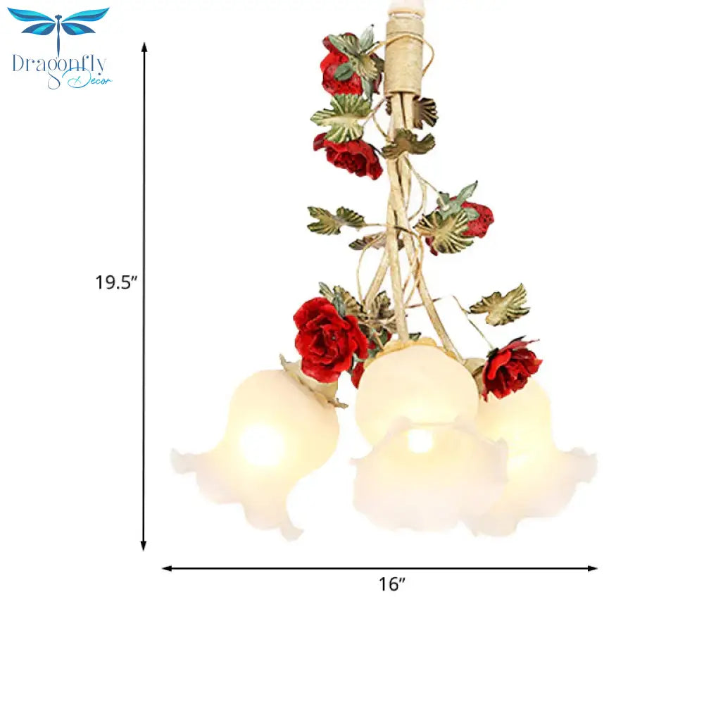 Cream Glass Coffee Drop Lamp Blossom 3/5 Bulbs Pastoral Pendant Chandelier For Dining Room