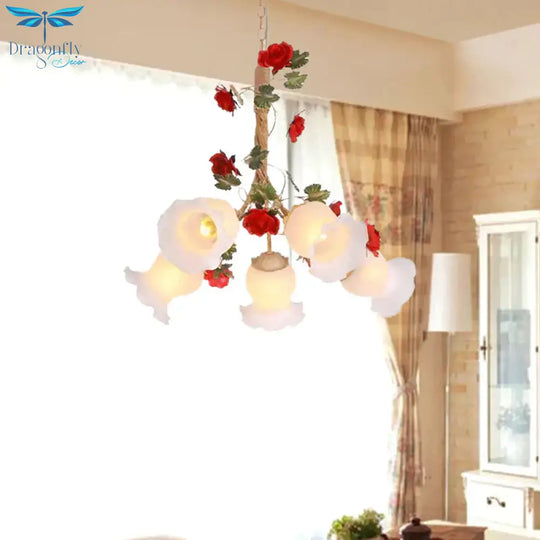 Cream Glass Coffee Drop Lamp Blossom 3/5 Bulbs Pastoral Pendant Chandelier For Dining Room