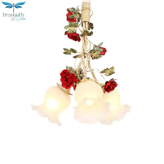 Cream Glass Coffee Drop Lamp Blossom 3/5 Bulbs Pastoral Pendant Chandelier For Dining Room