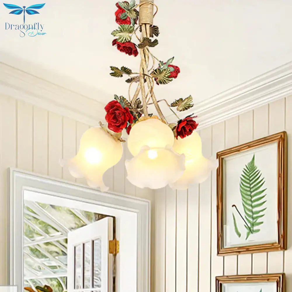 Cream Glass Coffee Drop Lamp Blossom 3/5 Bulbs Pastoral Pendant Chandelier For Dining Room