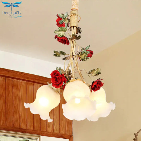 Cream Glass Coffee Drop Lamp Blossom 3/5 Bulbs Pastoral Pendant Chandelier For Dining Room
