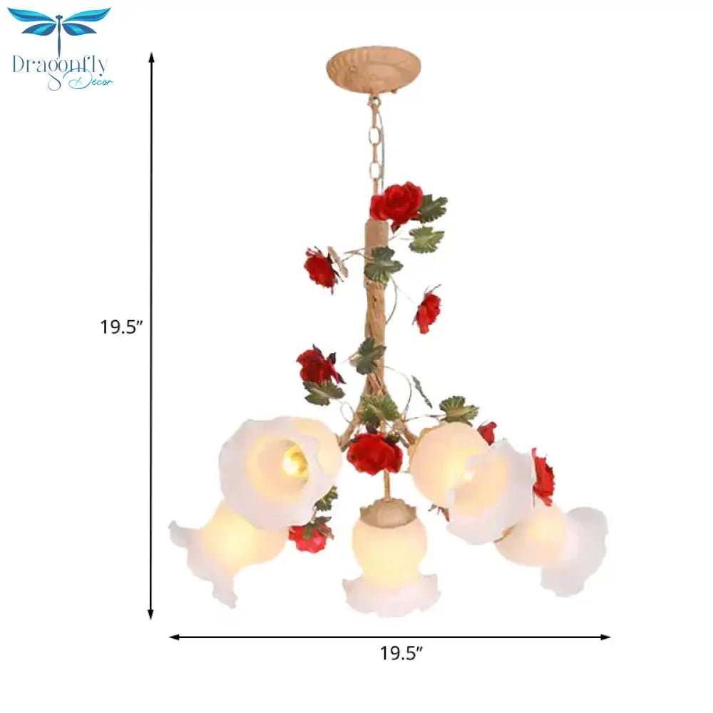 Cream Glass Coffee Drop Lamp Blossom 3/5 Bulbs Pastoral Pendant Chandelier For Dining Room