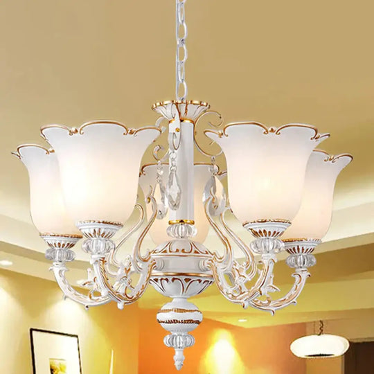 Cream Glass Floral Chandelier Light Traditional 3/5/6 Lights Bedroom Suspension Pendant In Beige 5 /