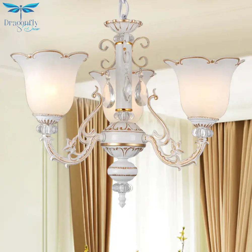 Cream Glass Floral Chandelier Light Traditional 3/5/6 Lights Bedroom Suspension Pendant In Beige