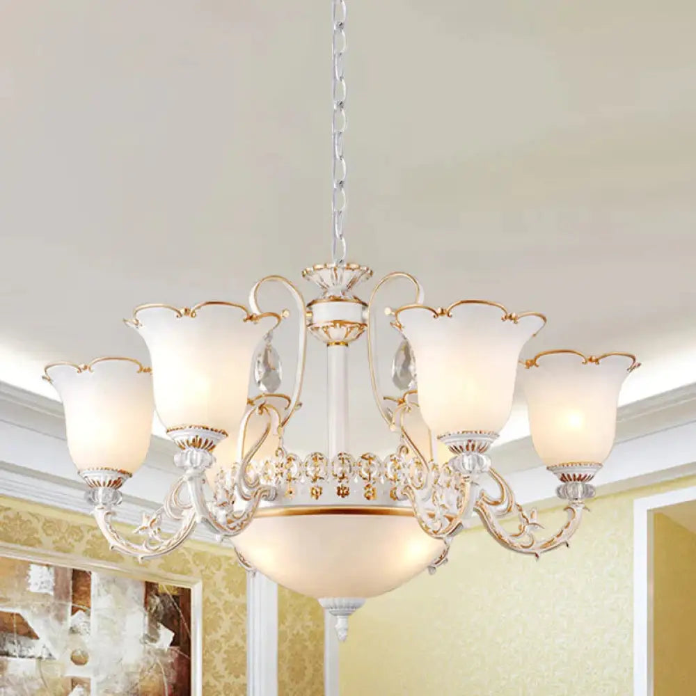 Cream Glass Floral Chandelier Light Traditional 3/5/6 Lights Bedroom Suspension Pendant In Beige 6 /