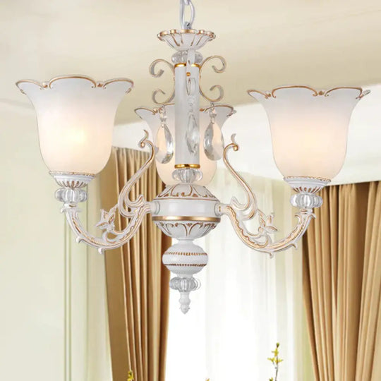 Cream Glass Floral Chandelier Light Traditional 3/5/6 Lights Bedroom Suspension Pendant In Beige 3 /