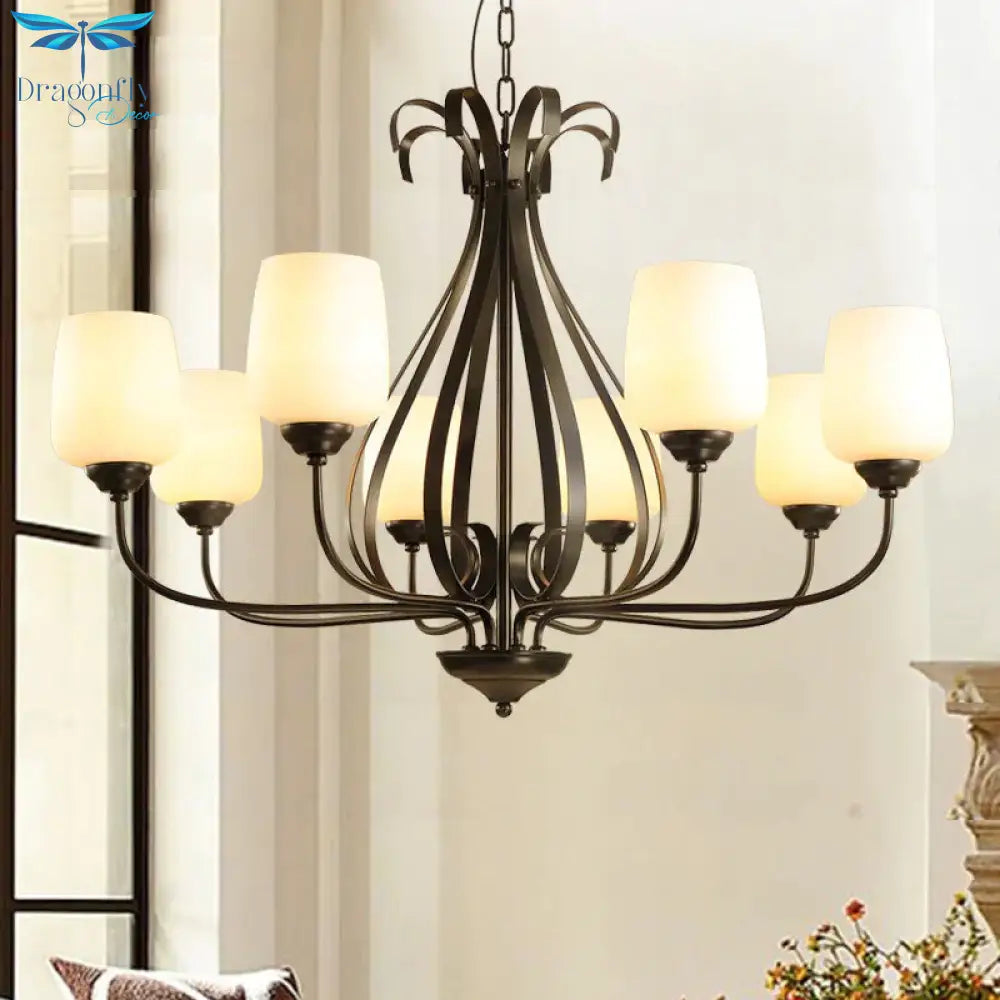 Cream Glass Tulip Chandelier Lamp Vintage 3/6/8 Bulbs Dining Room Pendant In Black With Raindrop