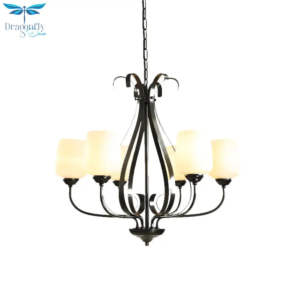Cream Glass Tulip Chandelier Lamp Vintage 3/6/8 Bulbs Dining Room Pendant In Black With Raindrop