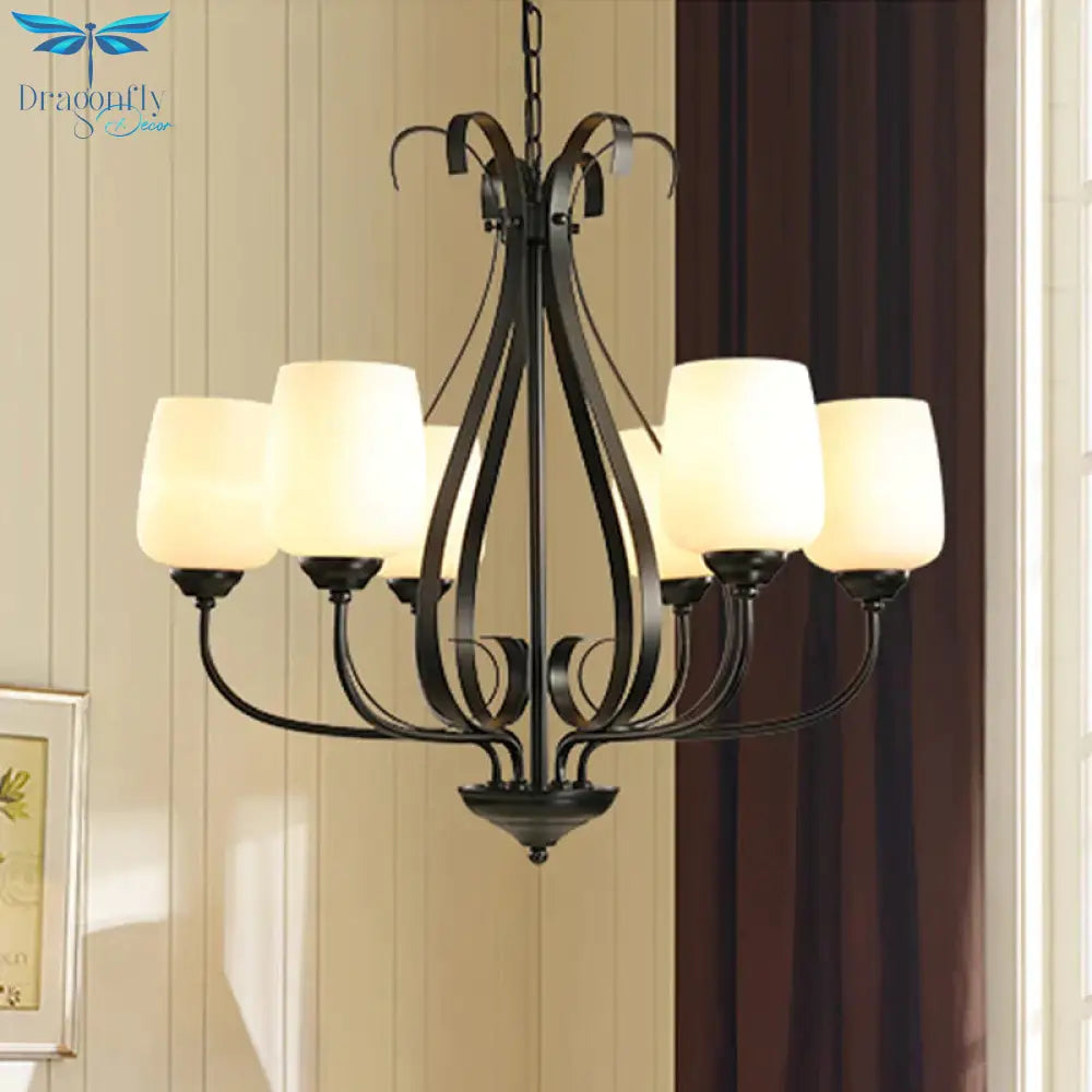 Cream Glass Tulip Chandelier Lamp Vintage 3/6/8 Bulbs Dining Room Pendant In Black With Raindrop
