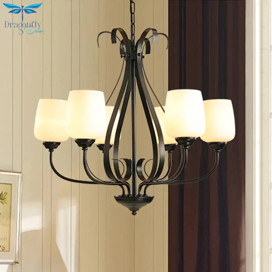Cream Glass Tulip Chandelier Lamp Vintage 3/6/8 Bulbs Dining Room Pendant In Black With Raindrop