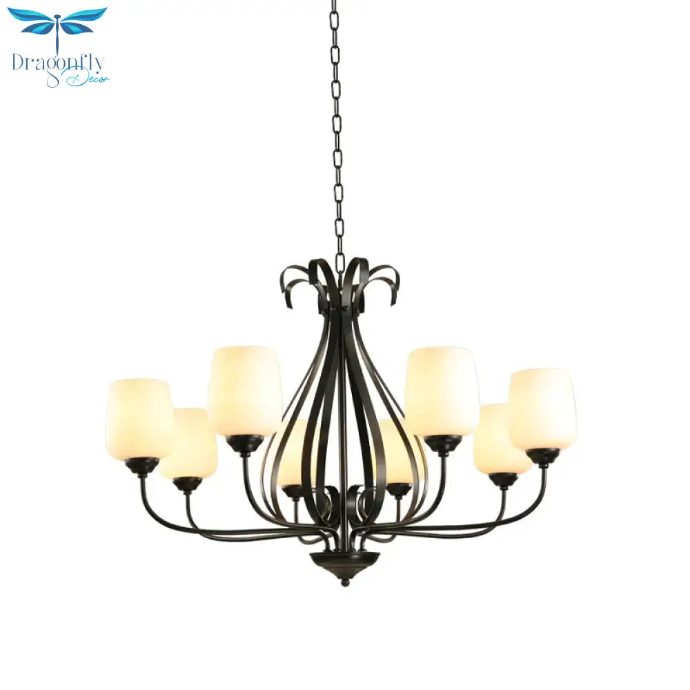 Cream Glass Tulip Chandelier Lamp Vintage 3/6/8 Bulbs Dining Room Pendant In Black With Raindrop