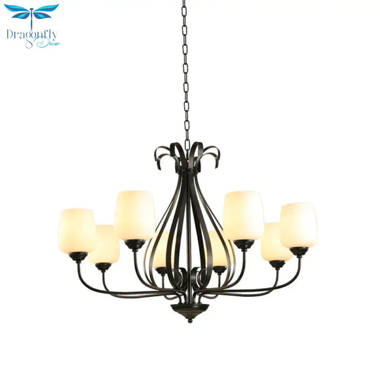 Cream Glass Tulip Chandelier Lamp Vintage 3/6/8 Bulbs Dining Room Pendant In Black With Raindrop