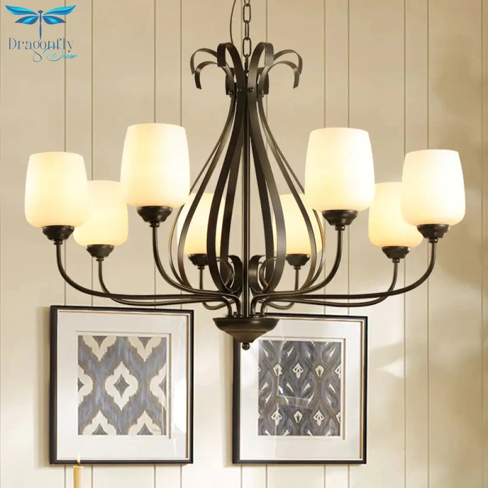 Cream Glass Tulip Chandelier Lamp Vintage 3/6/8 Bulbs Dining Room Pendant In Black With Raindrop