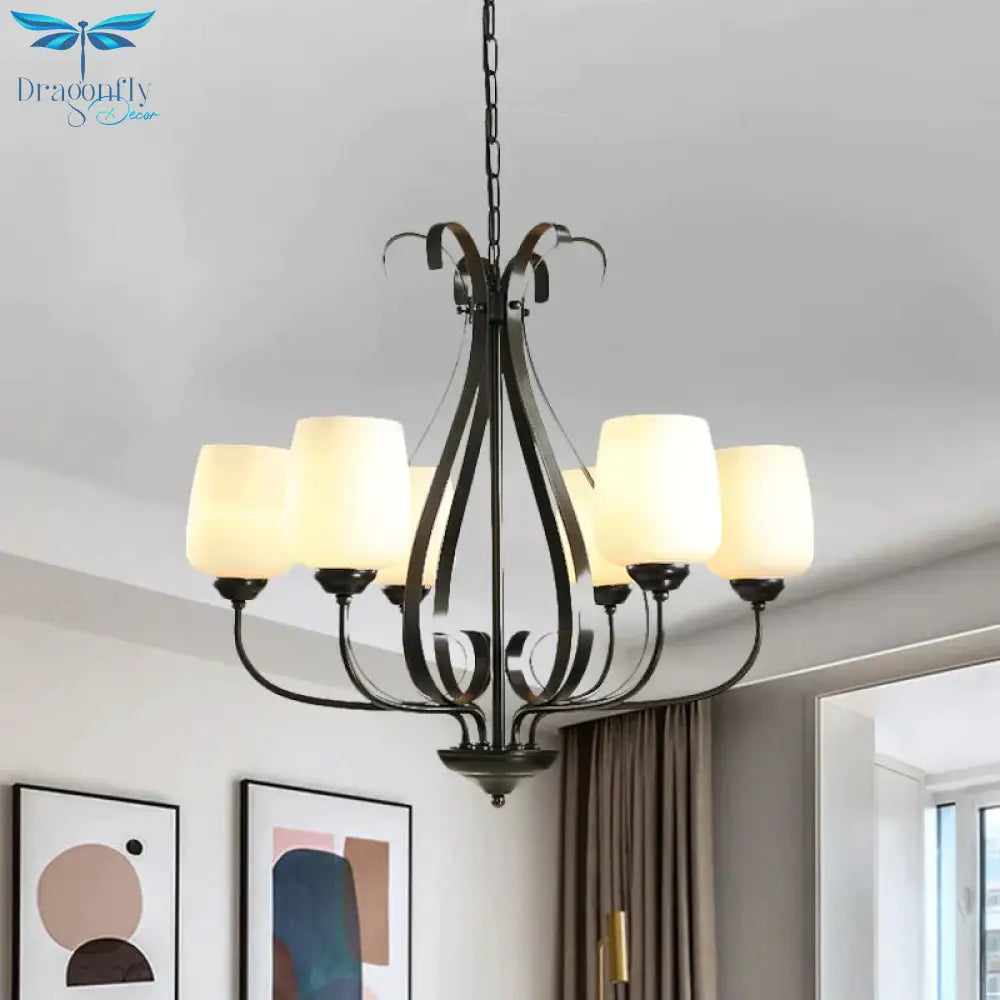 Cream Glass Tulip Chandelier Lamp Vintage 3/6/8 Bulbs Dining Room Pendant In Black With Raindrop