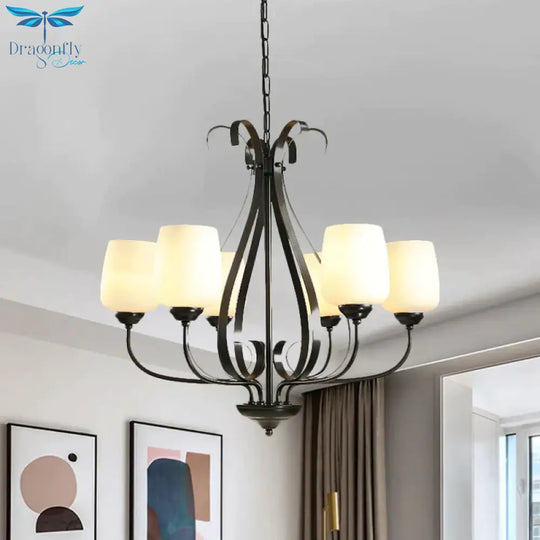 Cream Glass Tulip Chandelier Lamp Vintage 3/6/8 Bulbs Dining Room Pendant In Black With Raindrop