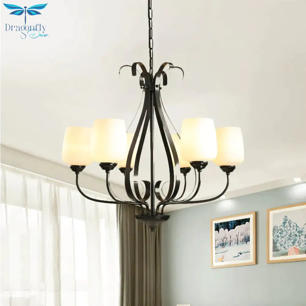 Cream Glass Tulip Chandelier Lamp Vintage 3/6/8 Bulbs Dining Room Pendant In Black With Raindrop