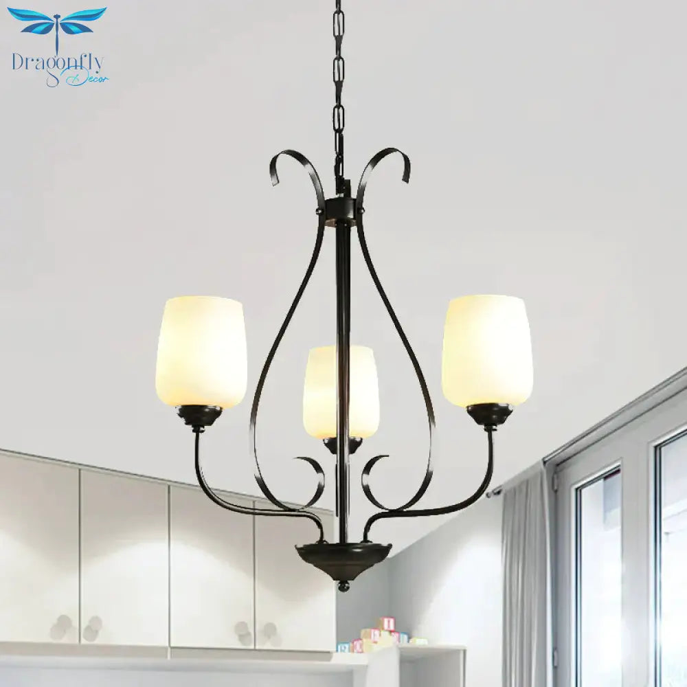 Cream Glass Tulip Chandelier Lamp Vintage 3/6/8 Bulbs Dining Room Pendant In Black With Raindrop