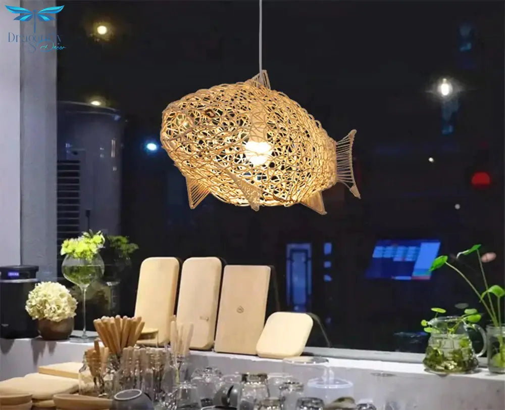 Creative Fish Pendant Lights Hand Woven Rattan Hanging Lamps Restaurant Bedroom Bar Light Fixture