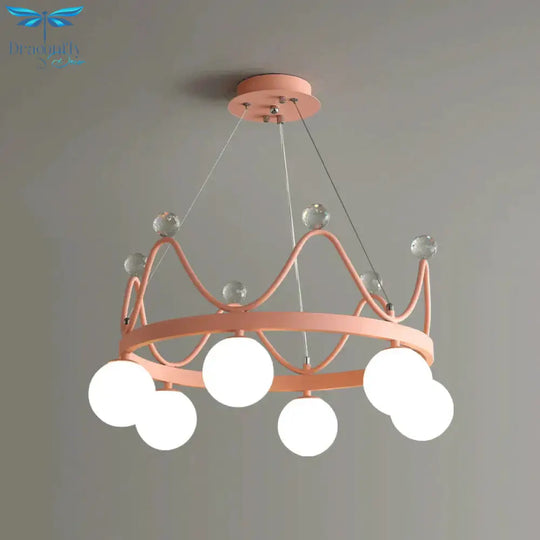 Crown Iron Chandelier Lighting Kid 6 Bulbs Pink/Gold Pendant Lamp With Orb Glass Shade And Crystal