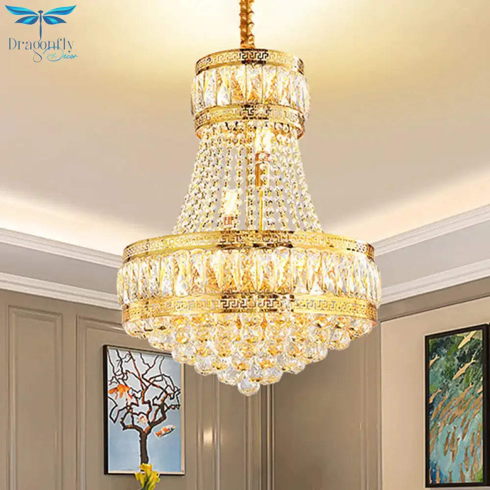 Crystal Basket Shaped Chandelier Vintage 8 - Bulb Parlor Hanging Ceiling Light In Gold
