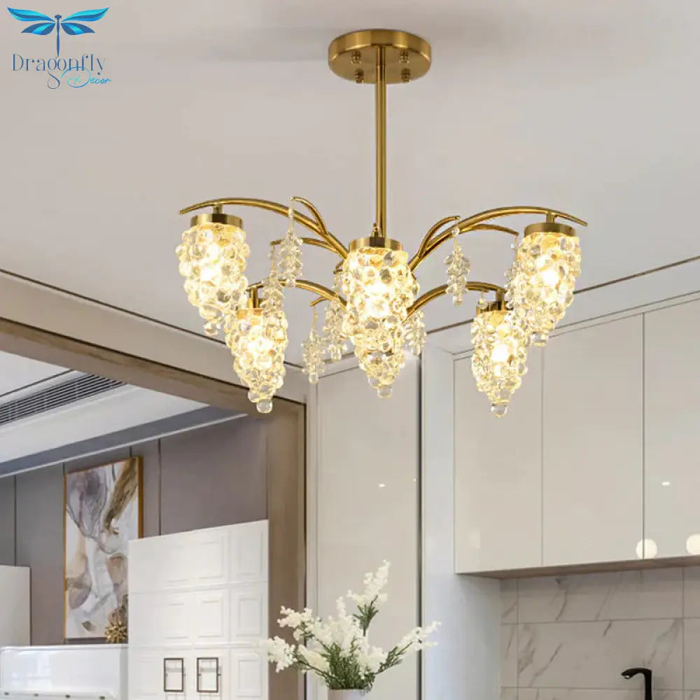 Crystal Beaded Gold Hanging Light Kit Grape Shape 6/8 Heads Bedroom Chandelier Fixture