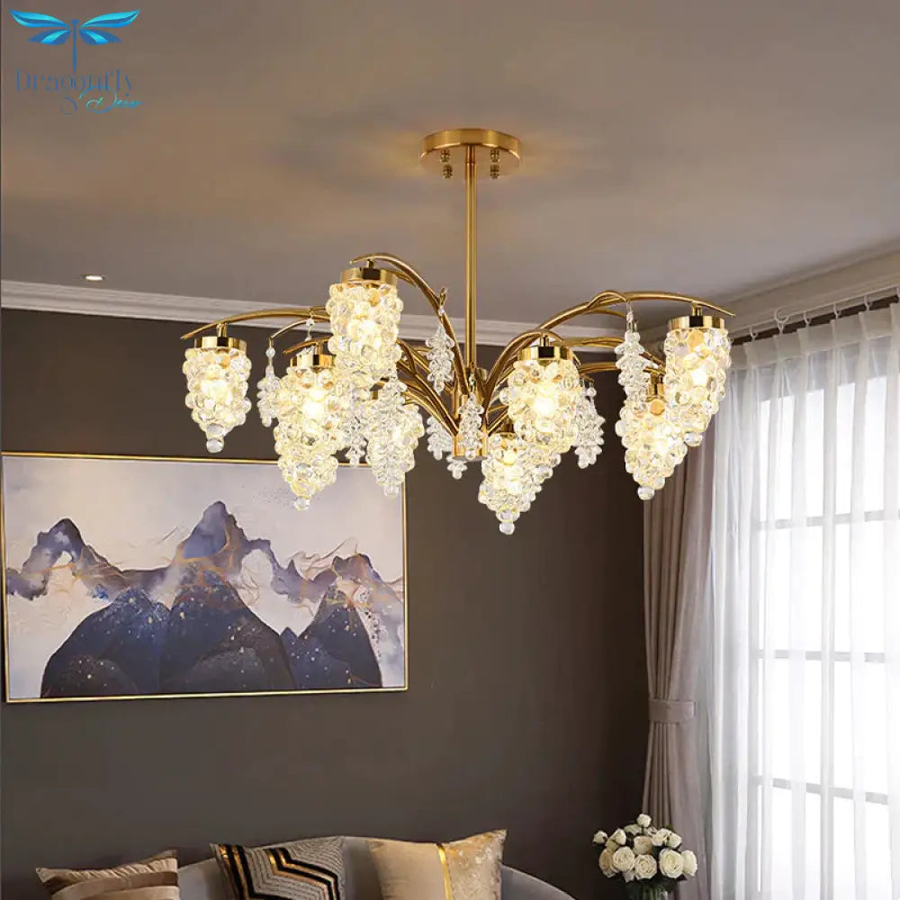 Crystal Beaded Gold Hanging Light Kit Grape Shape 6/8 Heads Bedroom Chandelier Fixture