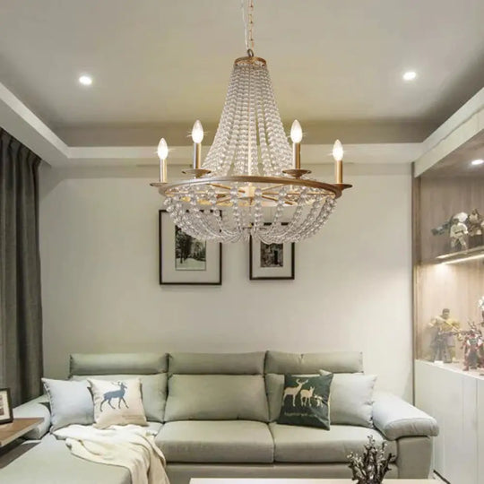Crystal Beaded Hanging Chandelier Traditional 6 Lights Bedroom Ceiling Pendant In Gold