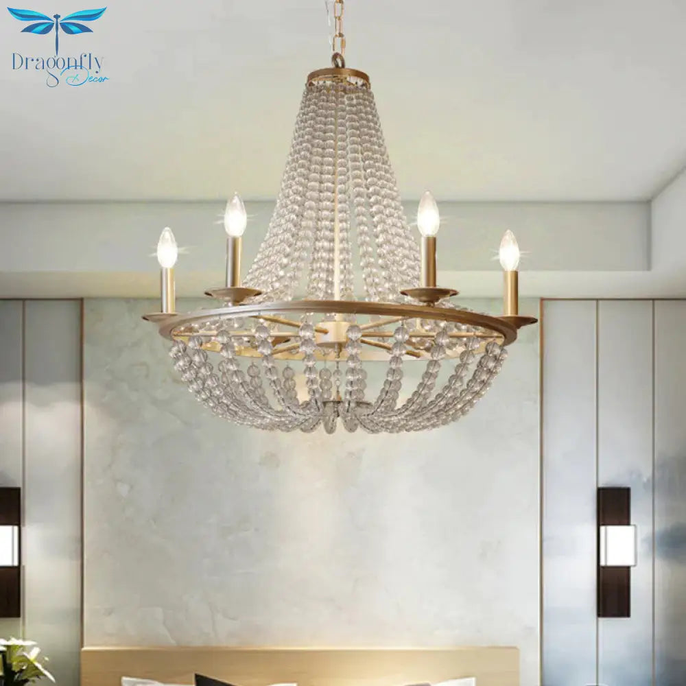 Crystal Beaded Hanging Chandelier Traditional 6 Lights Bedroom Ceiling Pendant In Gold