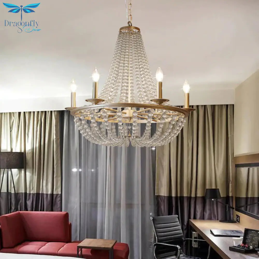 Crystal Beaded Hanging Chandelier Traditional 6 Lights Bedroom Ceiling Pendant In Gold