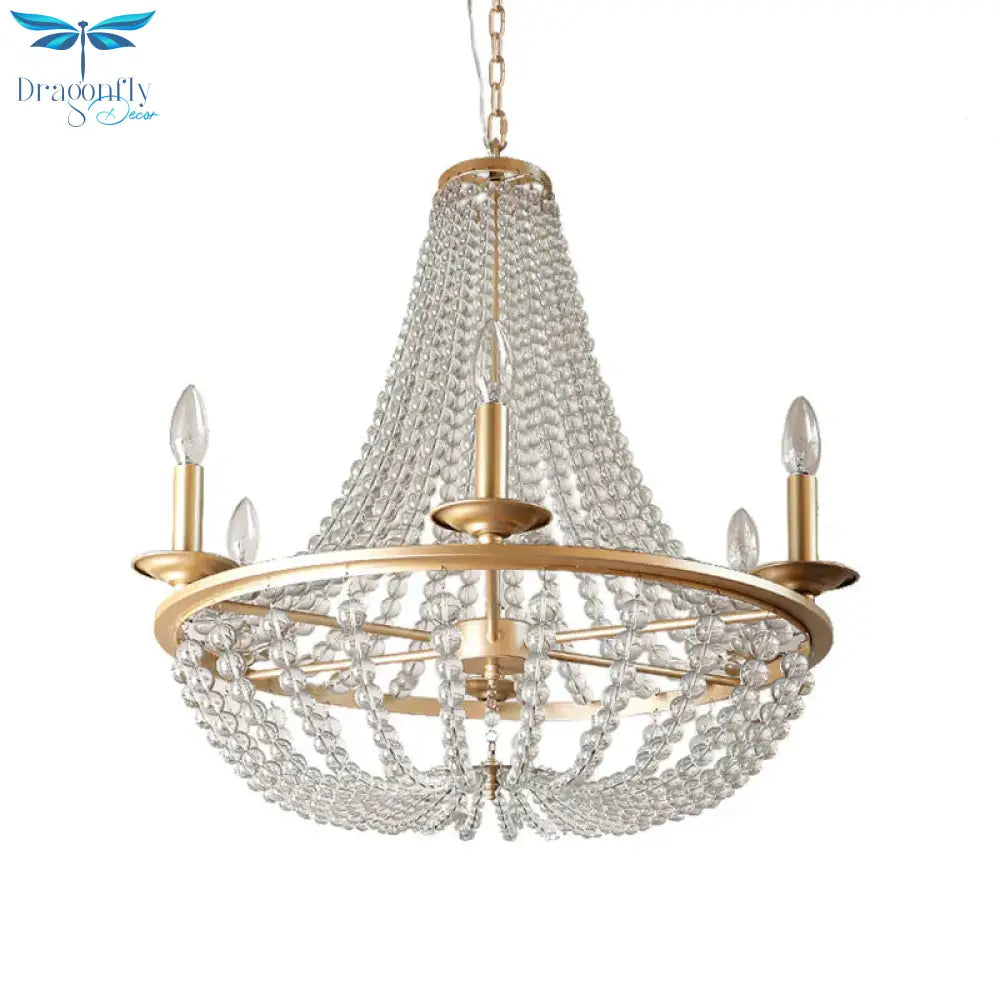 Crystal Beaded Hanging Chandelier Traditional 6 Lights Bedroom Ceiling Pendant In Gold