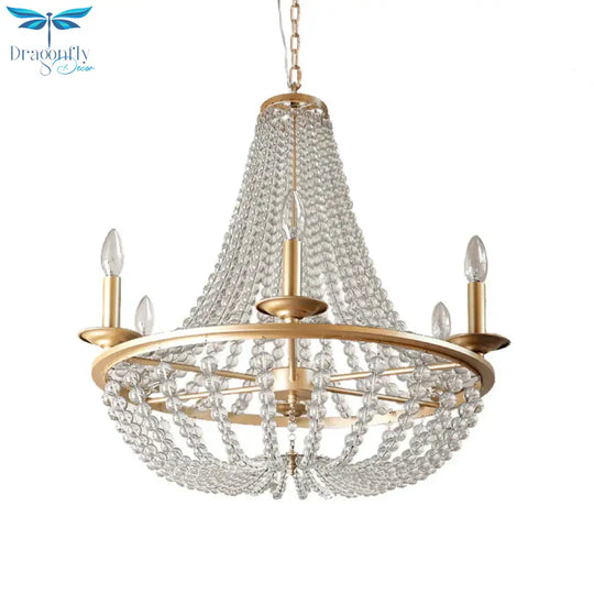 Crystal Beaded Hanging Chandelier Traditional 6 Lights Bedroom Ceiling Pendant In Gold