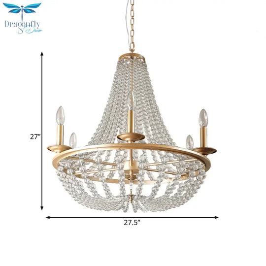 Crystal Beaded Hanging Chandelier Traditional 6 Lights Bedroom Ceiling Pendant In Gold