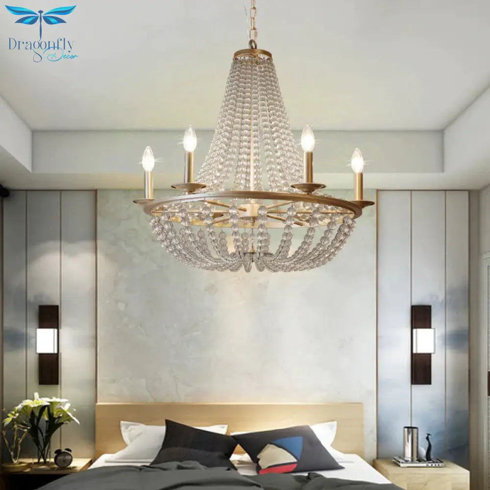 Crystal Beaded Hanging Chandelier Traditional 6 Lights Bedroom Ceiling Pendant In Gold