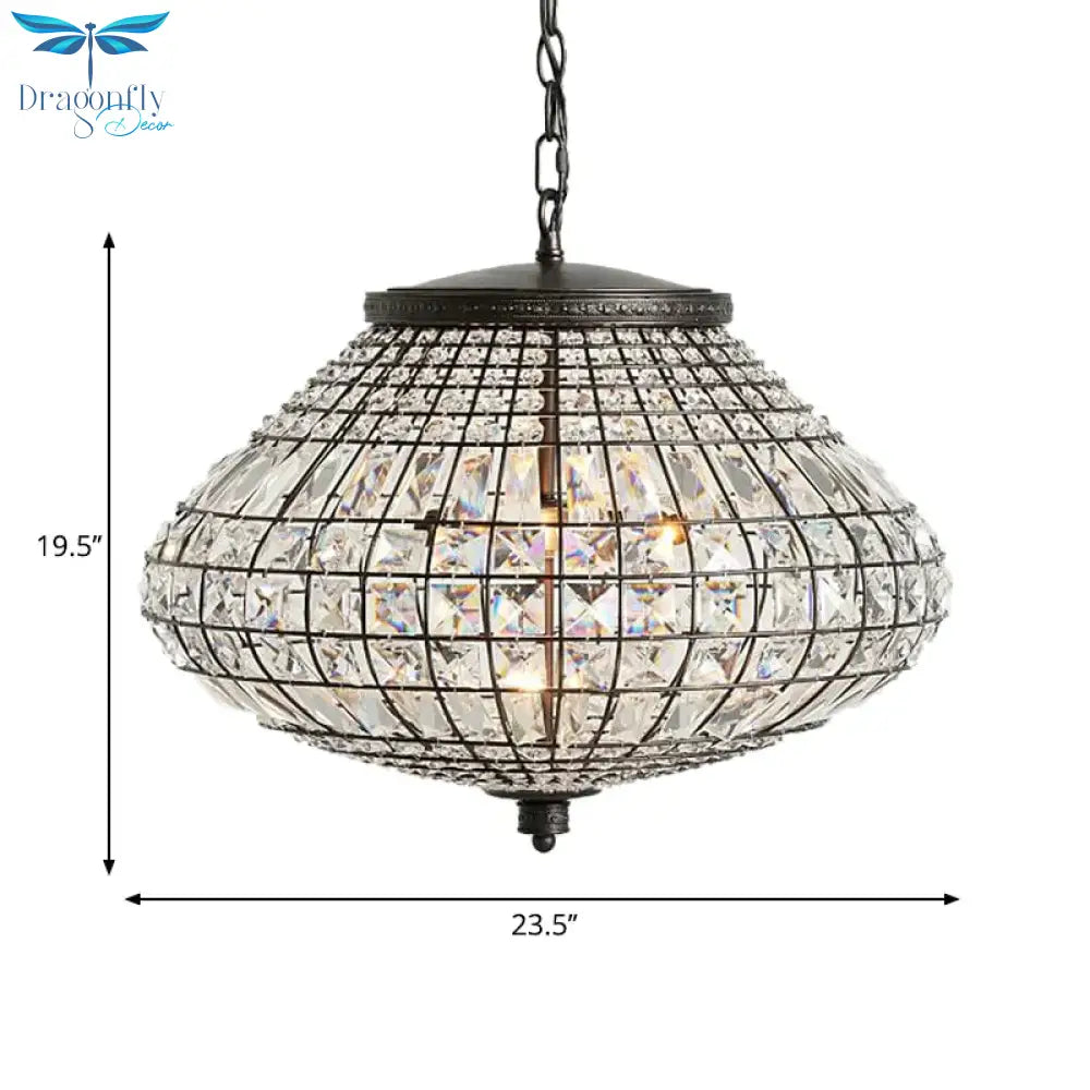Crystal Beaded Pendant Lamp Vintage Style 3 Lights Hanging Light With Shade In Bronze For Bedroom