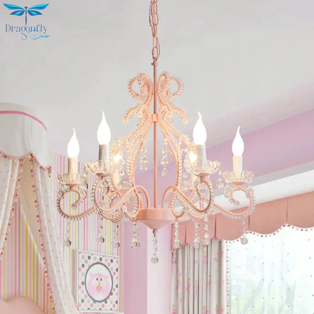 Crystal Beaded Pink Chandelier Lamp Candlestick 6 Lights Modern Pendant Light Fixture