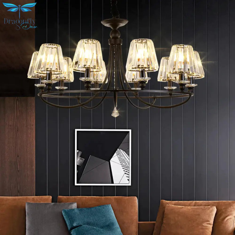Crystal Black Chandelier Light Tapered 4/6/8 Lights Nordic Ceiling Pendant For Dining Room