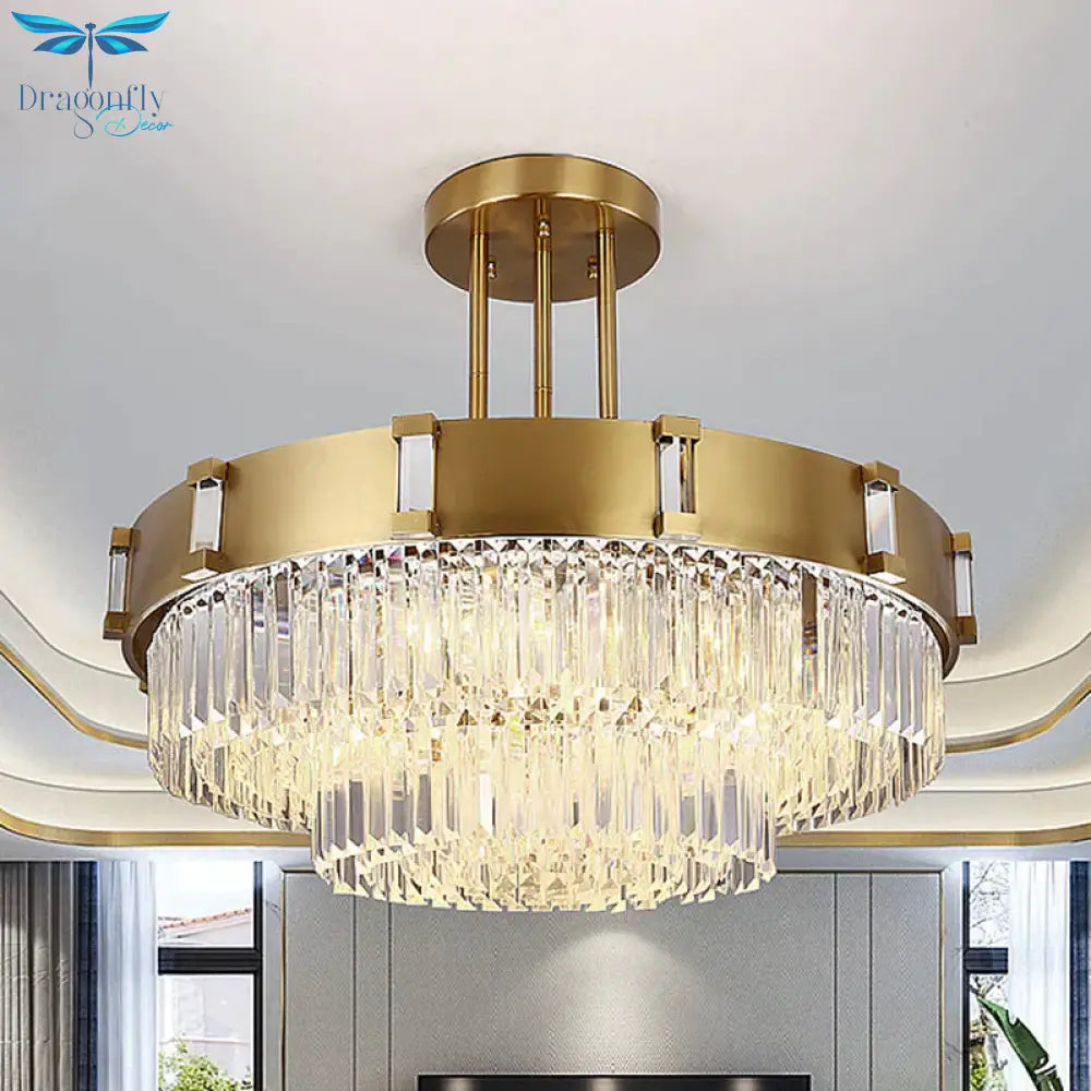 Crystal Block Gold Hanging Chandelier 1/2 - Tier Led Vintage Down Lighting Pendant 12’/16’ Dia