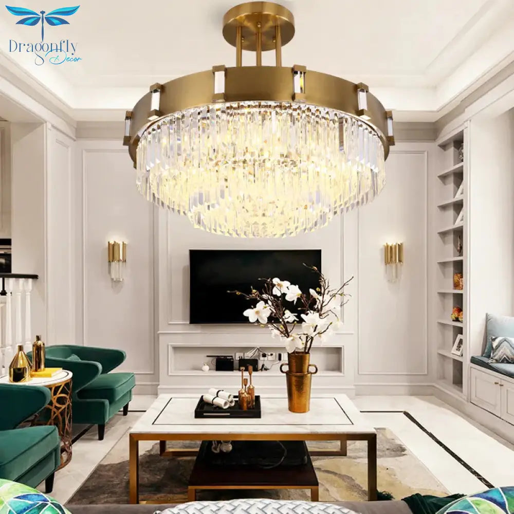 Crystal Block Gold Hanging Chandelier 1/2 - Tier Led Vintage Down Lighting Pendant 12’/16’ Dia