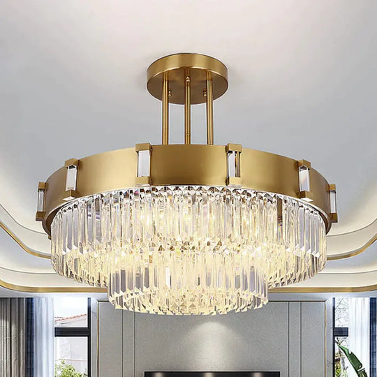 Crystal Block Gold Hanging Chandelier 1/2 - Tier Led Vintage Down Lighting Pendant 12’/16’ Dia / 12’