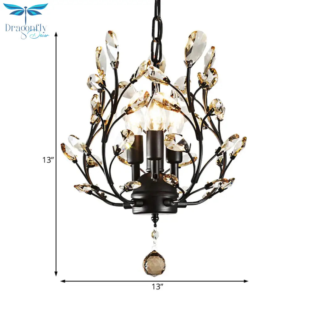 Crystal Branch Chandelier Lamp Modern 3 Bulbs Black/Gold Pendant Lighting Fixture With Global Drop