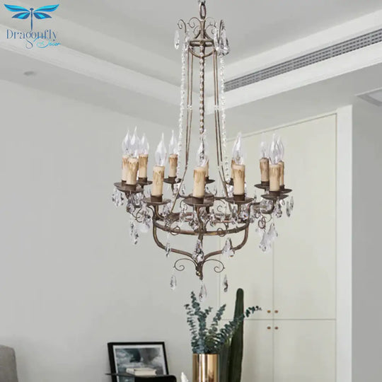 Crystal Candle Ceiling Chandelier Traditional 12 Lights Living Room Pendant Lighting In Bronze