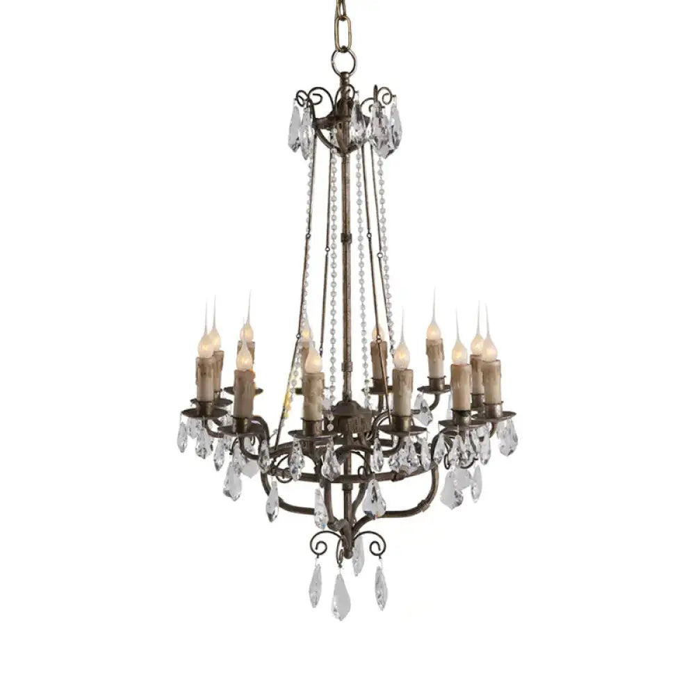 Crystal Candle Ceiling Chandelier Traditional 12 Lights Living Room Pendant Lighting In Bronze