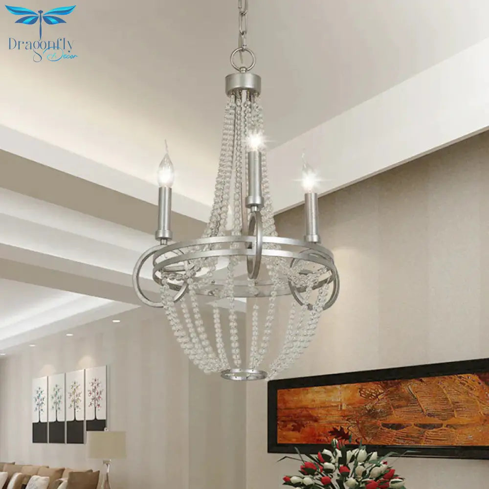 Crystal Candle Chandelier Lamp Retro 3 Heads Silver Ceiling Pendant Light For Living Room