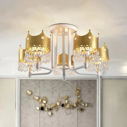 Crystal Crown Ceiling Lamp Modern 5 Bulbs Gold Chandelier Pendant Light For Living Room