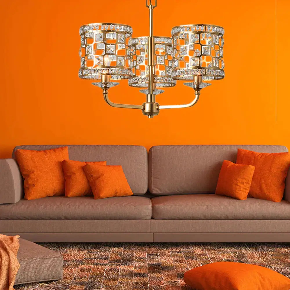 Crystal Cylindrical Chandelier Modern 3 Heads Gold Pendant Lighting Fixture For Living Room