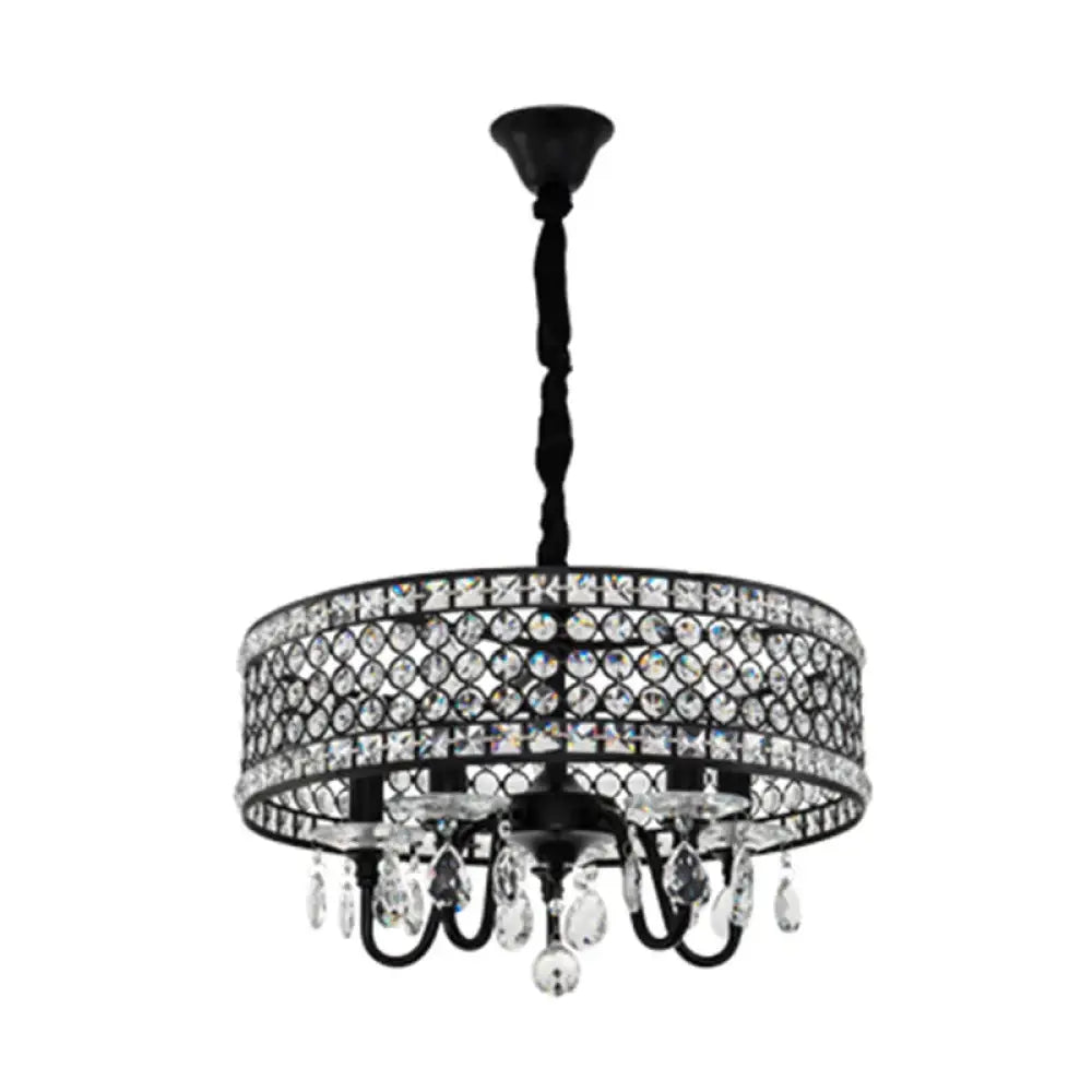 Crystal Encrusted Drum Suspension Pendant Modern 4 Heads Dining Room Chandelier Lamp In Black