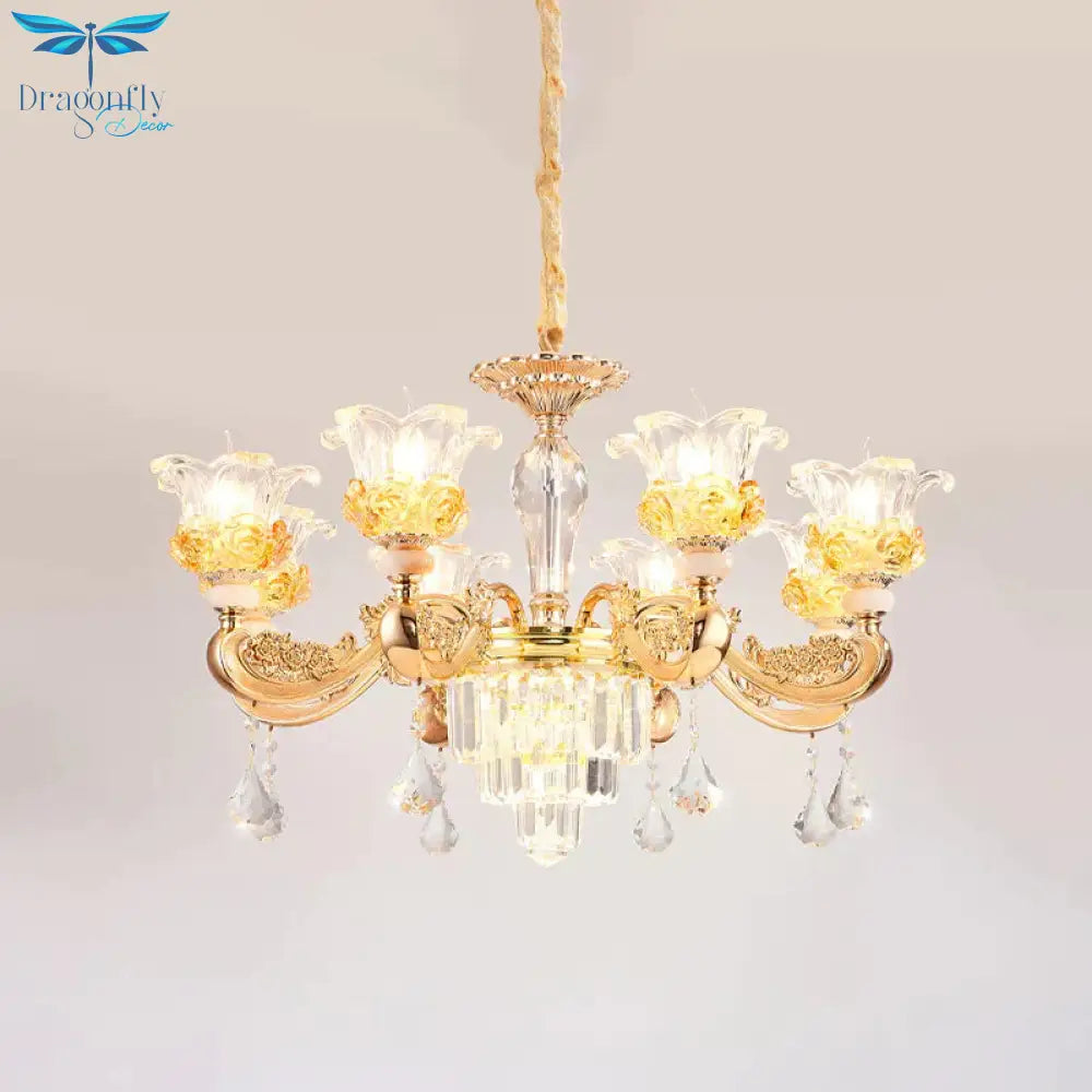 Crystal Flowers Up Chandelier Traditional 8 Bulbs Living Room Pendant Light Fixture In Gold