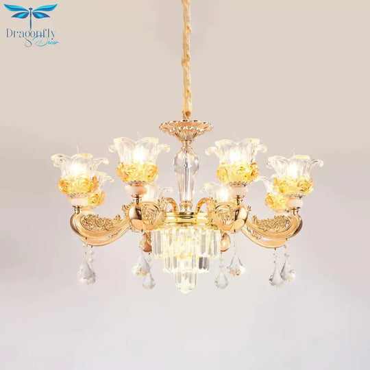 Crystal Flowers Up Chandelier Traditional 8 Bulbs Living Room Pendant Light Fixture In Gold